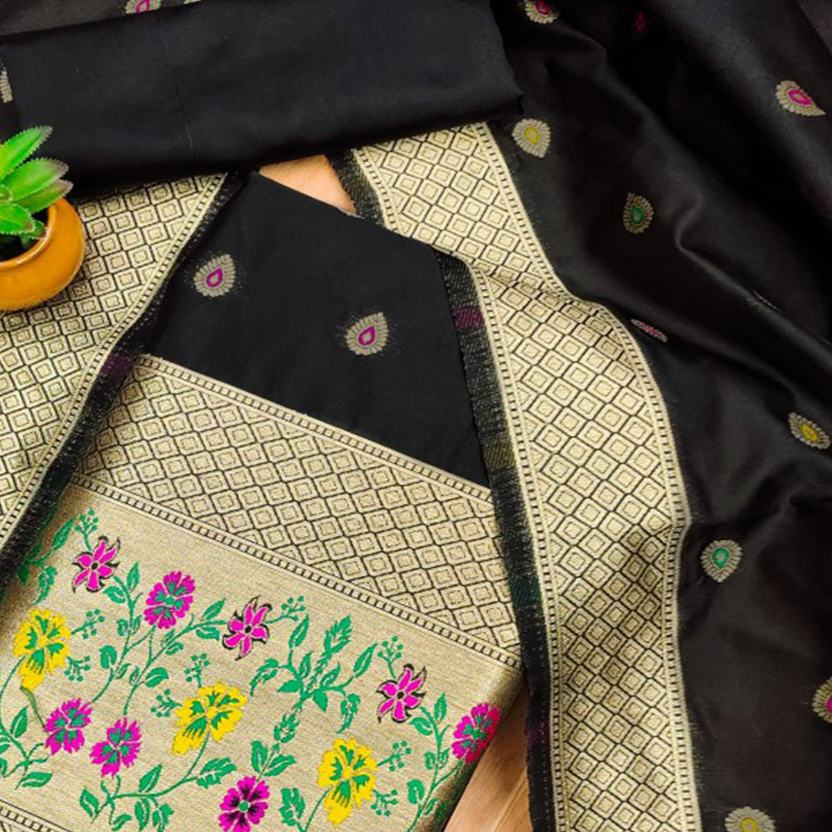 Black Floral Zari Woven Banarasi Silk Dress Material