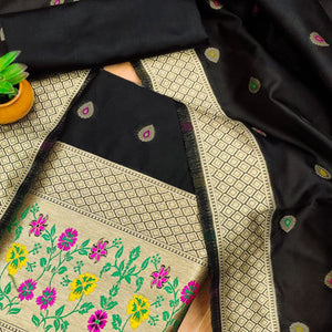 Black Floral Zari Woven Banarasi Silk Dress Material
