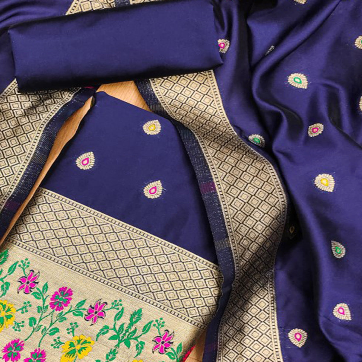 Navy Blue Floral Zari Woven Banarasi Silk Dress Material