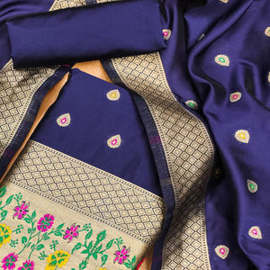 Navy Blue Floral Zari Woven Banarasi Silk Dress Material