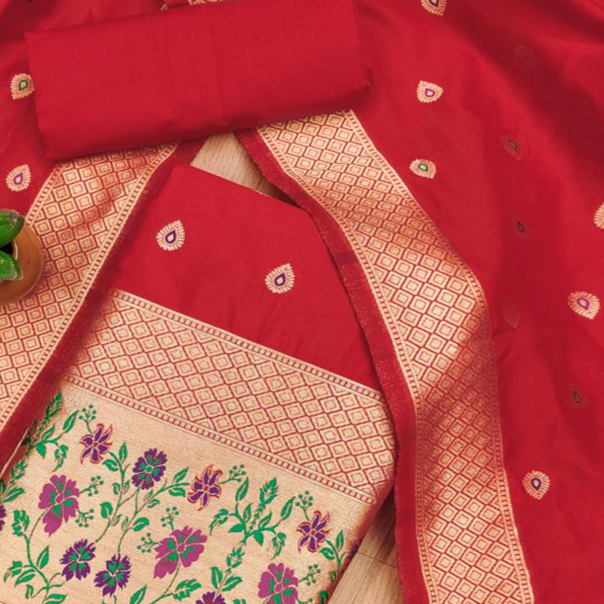 Red Floral Zari Woven Banarasi Silk Dress Material