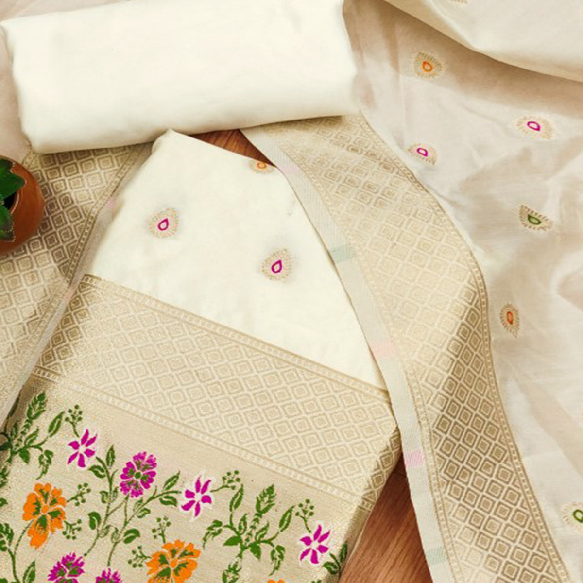 White Floral Zari Woven Banarasi Silk Dress Material