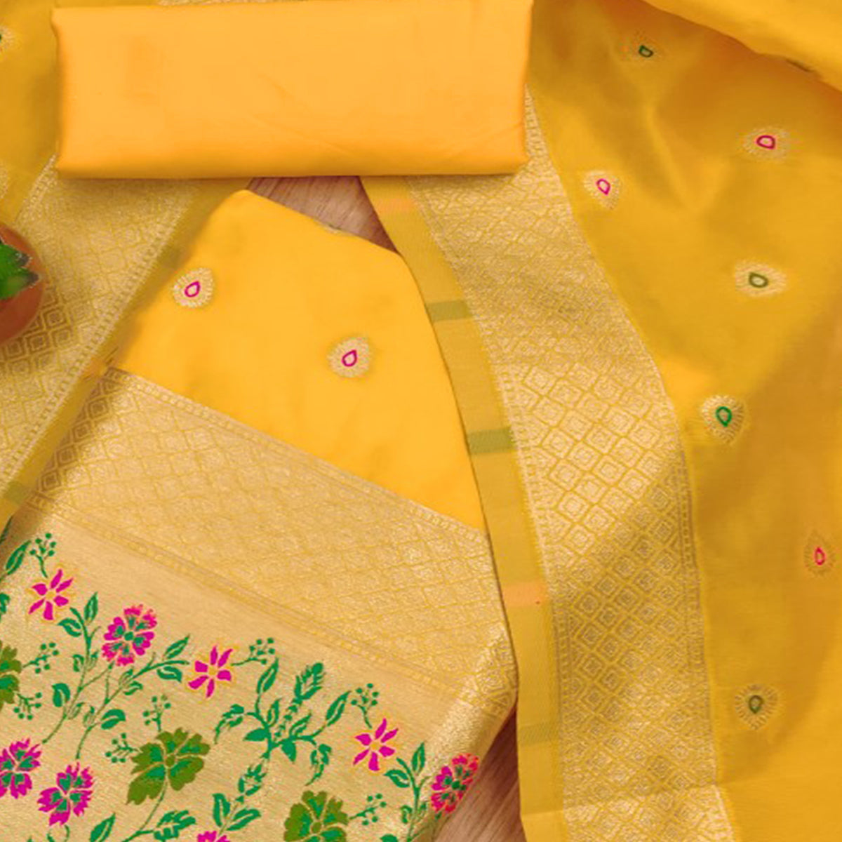 Yellow Floral Zari Woven Banarasi Silk Dress Material