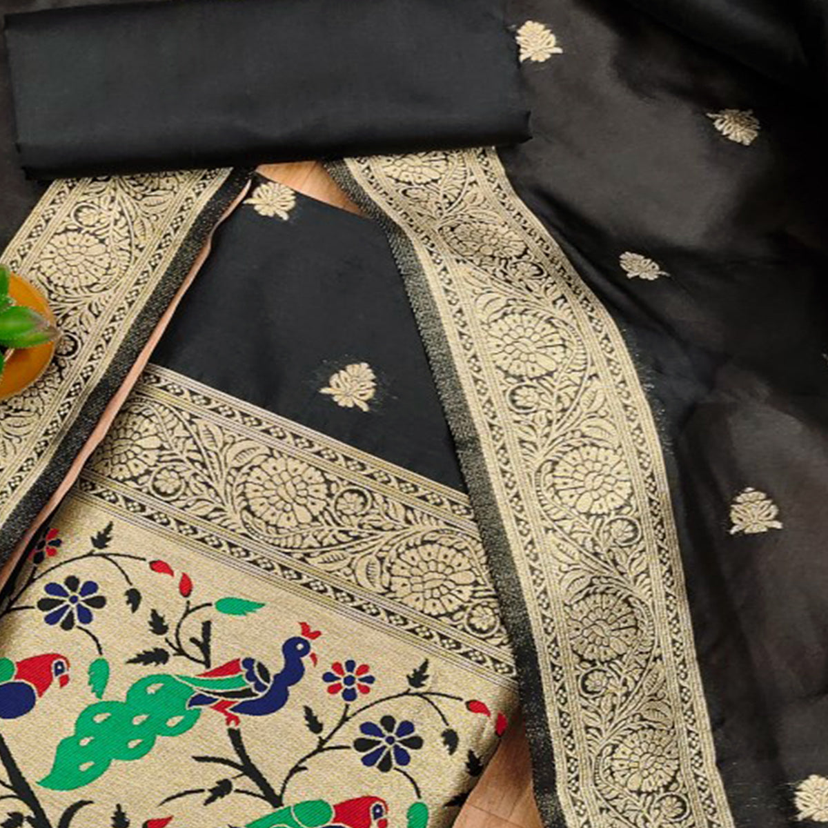 Black Floral Zari Woven Banarasi Silk Dress Material