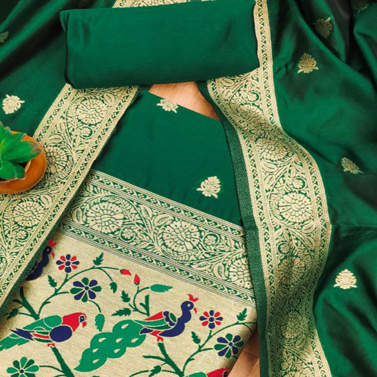 Green Floral Zari Woven Banarasi Silk Dress Material