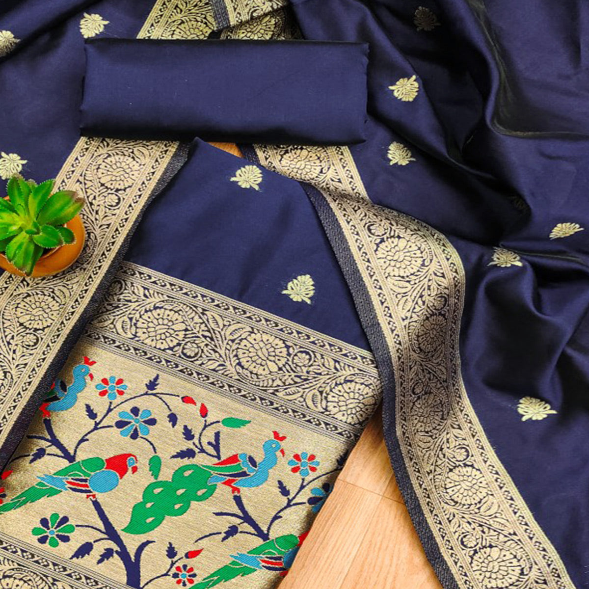 Navy Blue Floral Zari Woven Banarasi Silk Dress Material