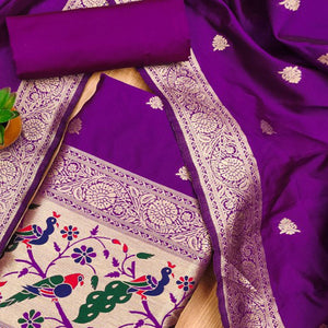 Purple Floral Zari Woven Banarasi Silk Dress Material