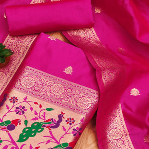Rani Pink Floral Zari Woven Banarasi Silk Dress Material