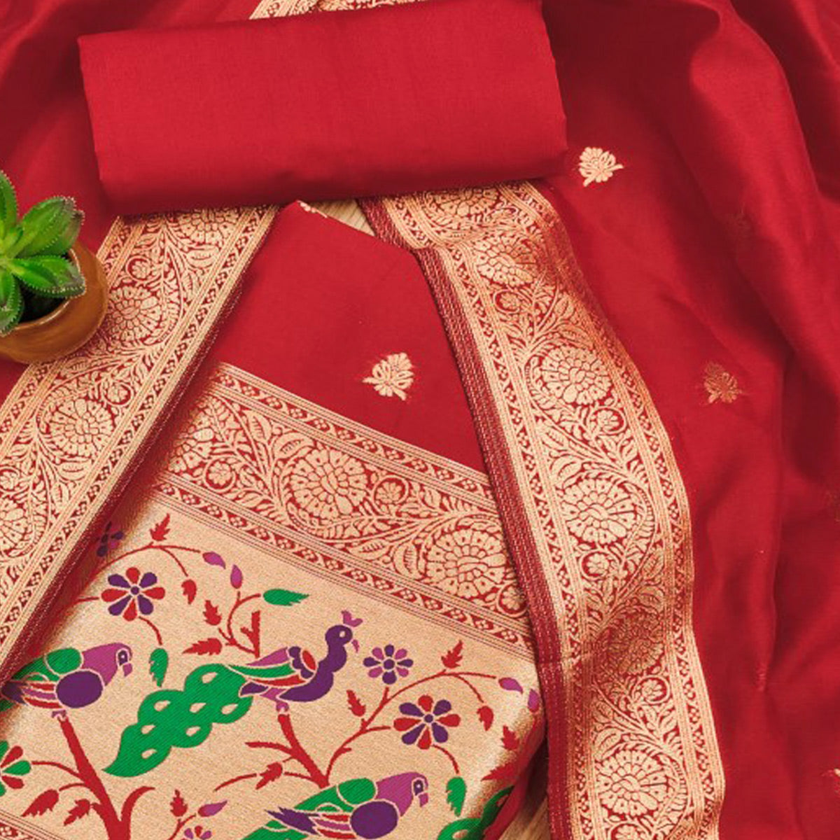 Red Floral Zari Woven Banarasi Silk Dress Material