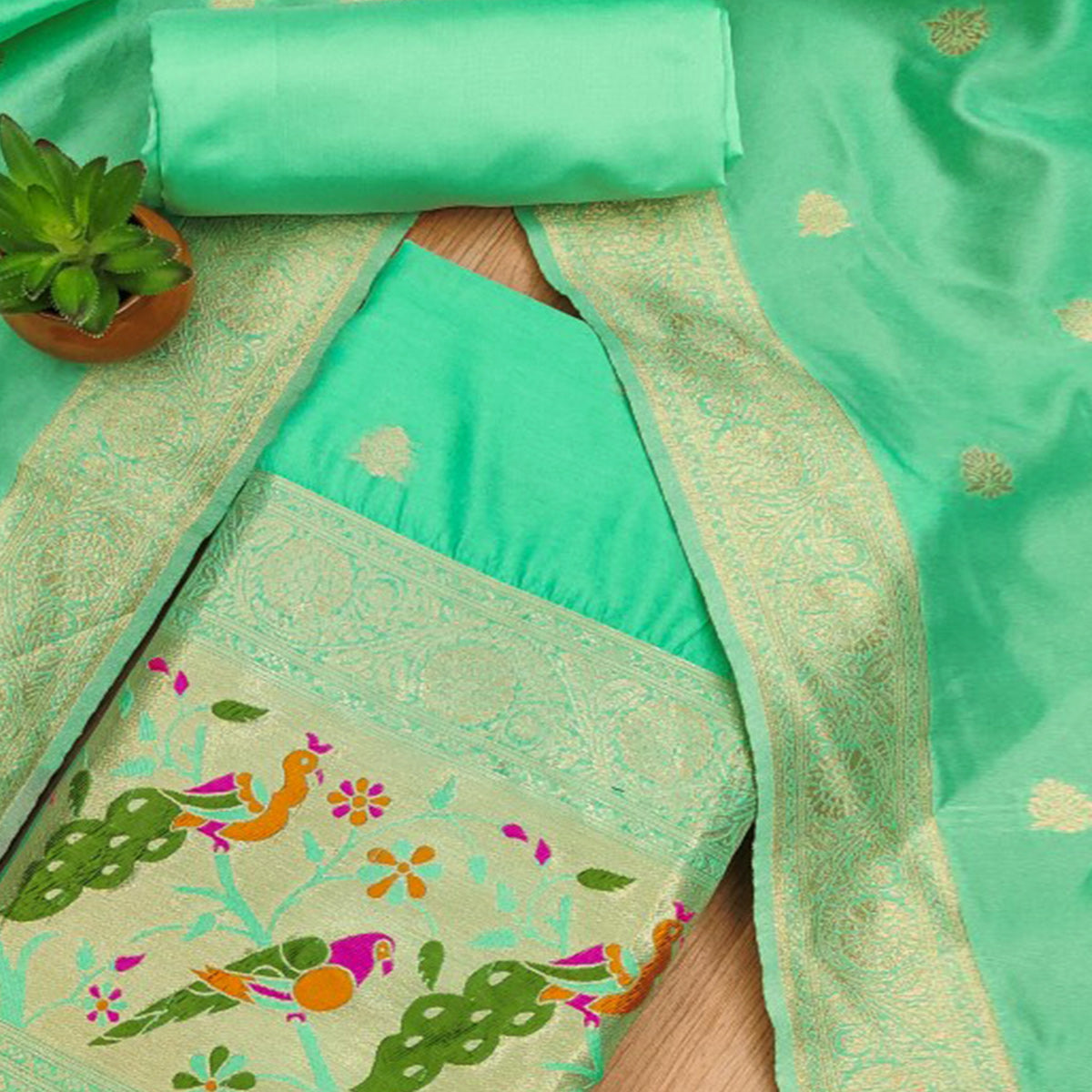 Sea Green Floral Zari Woven Banarasi Silk Dress Material