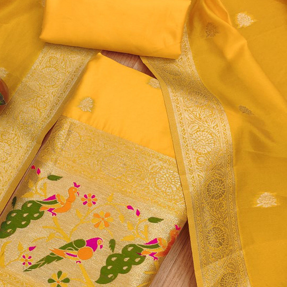 Yellow Floral Zari Woven Banarasi Silk Dress Material
