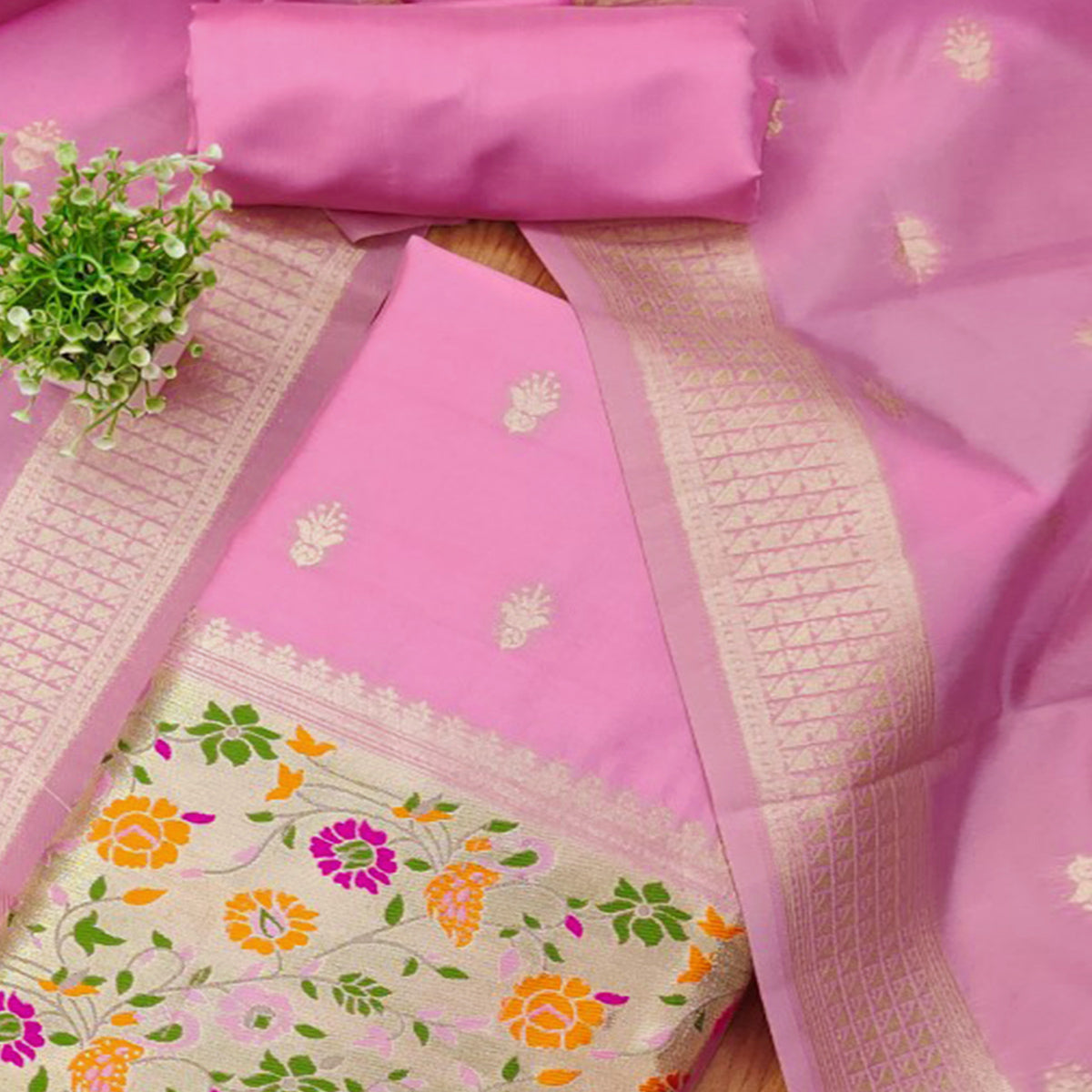 Baby Pink Floral Zari Woven Banarasi Silk Dress Material