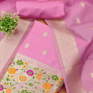 Baby Pink Floral Zari Woven Banarasi Silk Dress Material