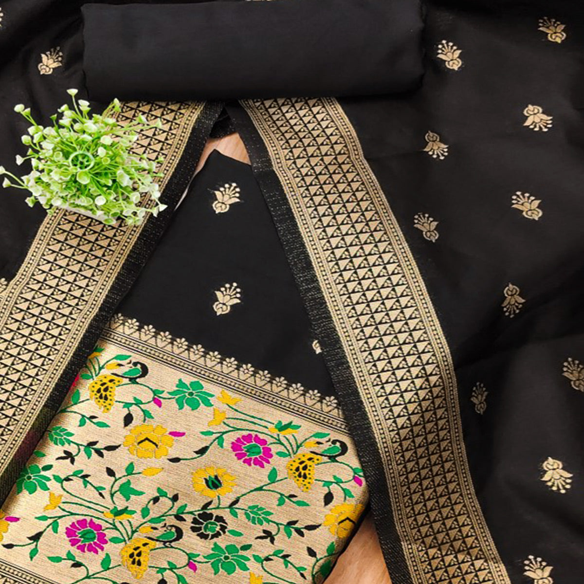 Black Floral Zari Woven Banarasi Silk Dress Material