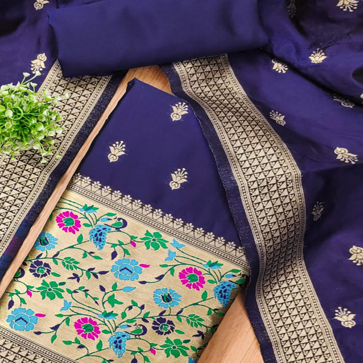 Navy Blue Floral Zari Woven Banarasi Silk Dress Material