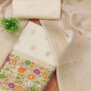 Offwhite Floral Zari Woven Banarasi Silk Dress Material