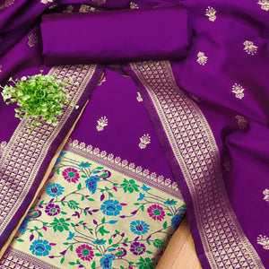 Purple Floral Zari Woven Banarasi Silk Dress Material