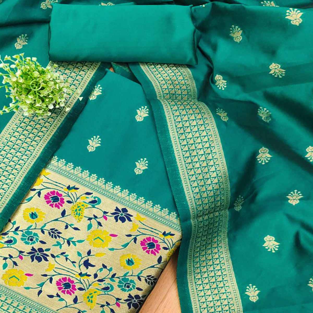 Rama Green Floral Zari Woven Banarasi Silk Dress Material