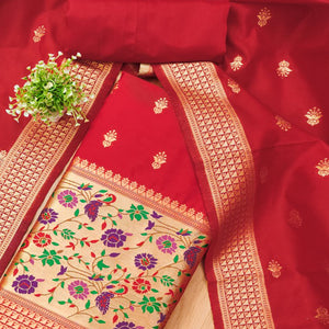 Red Floral Zari Woven Banarasi Silk Dress Material