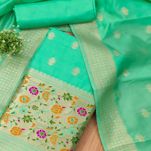 Sea Green Floral Zari Woven Banarasi Silk Dress Material