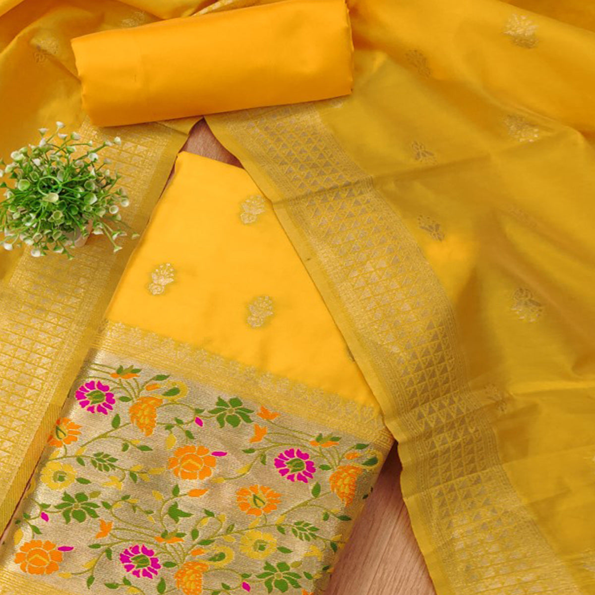 Yellow Floral Zari Woven Banarasi Silk Dress Material