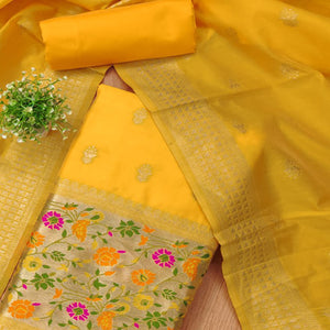 Yellow Floral Zari Woven Banarasi Silk Dress Material