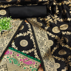 Black Zari Woven Banarasi Silk Dress Material With Elegant Floral Motifs