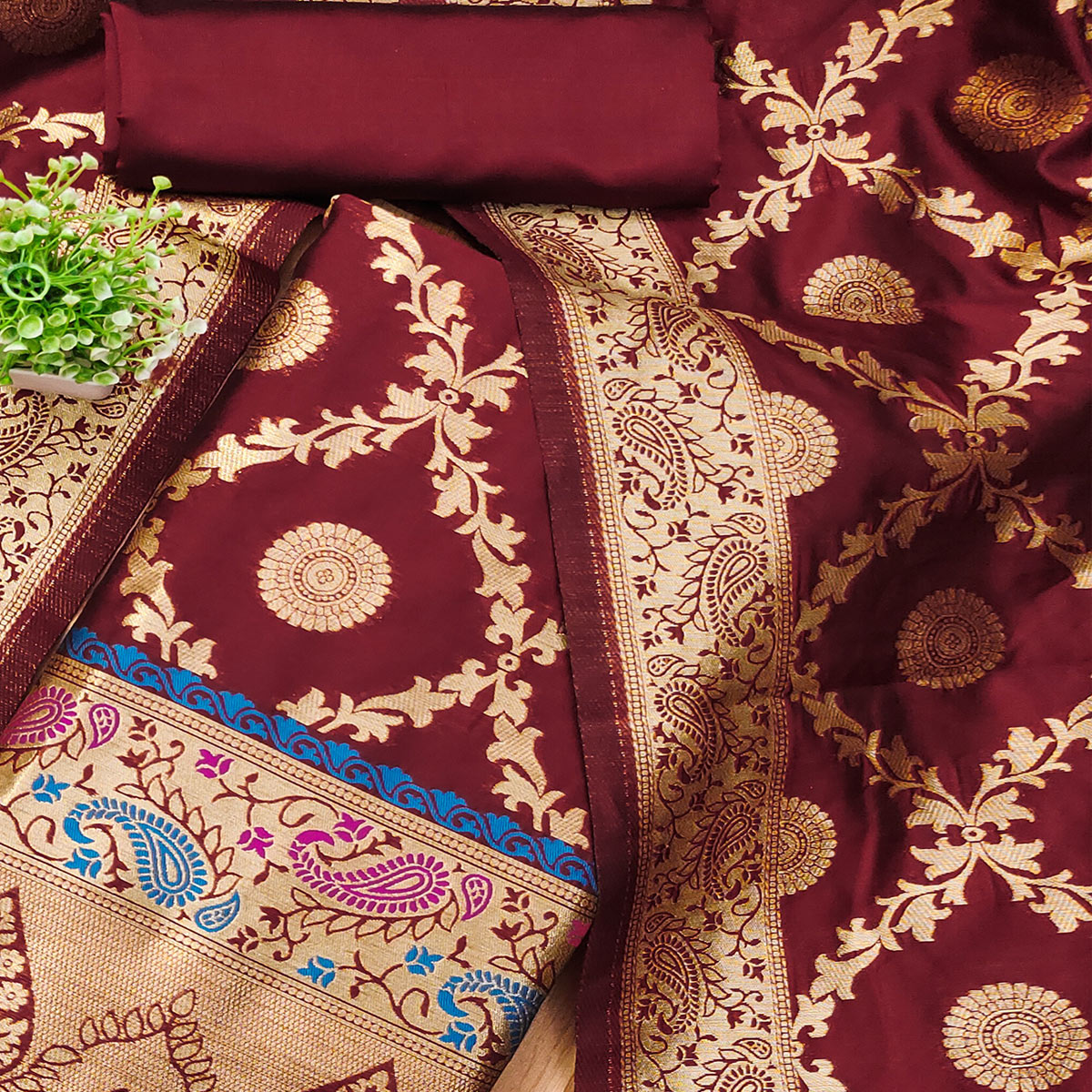 Maroon Zari Woven Banarasi Silk Dress Material With Elegant Floral Motifs