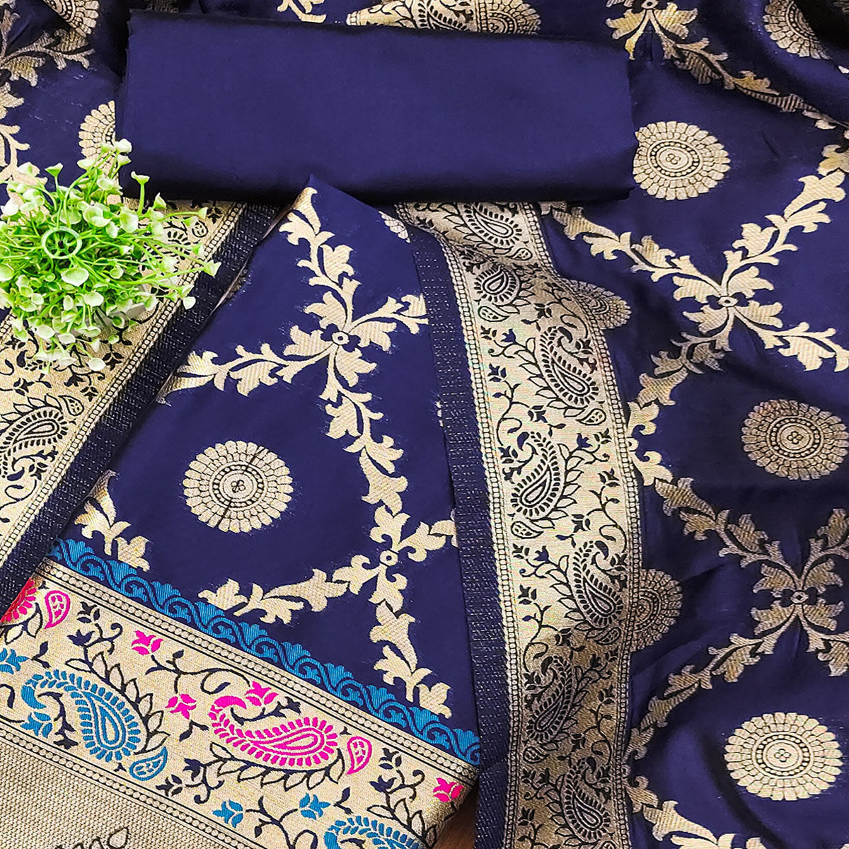 Navy Blue Zari Woven Banarasi Silk Dress Material With Elegant Floral Motifs