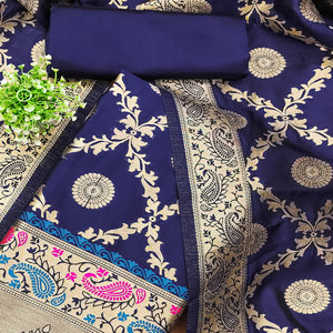 Navy Blue Zari Woven Banarasi Silk Dress Material With Elegant Floral Motifs