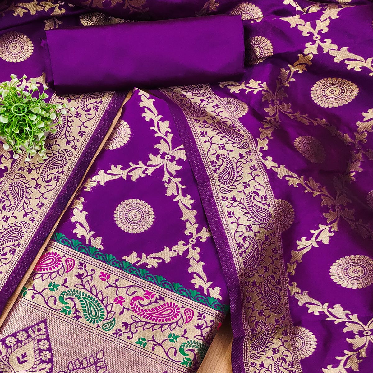 Purple Zari Woven Banarasi Silk Dress Material With Elegant Floral Motifs