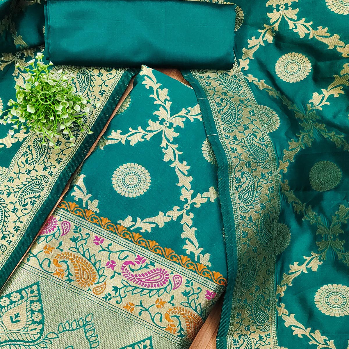 Rama Green Zari Woven Banarasi Silk Dress Material With Elegant Floral Motifs