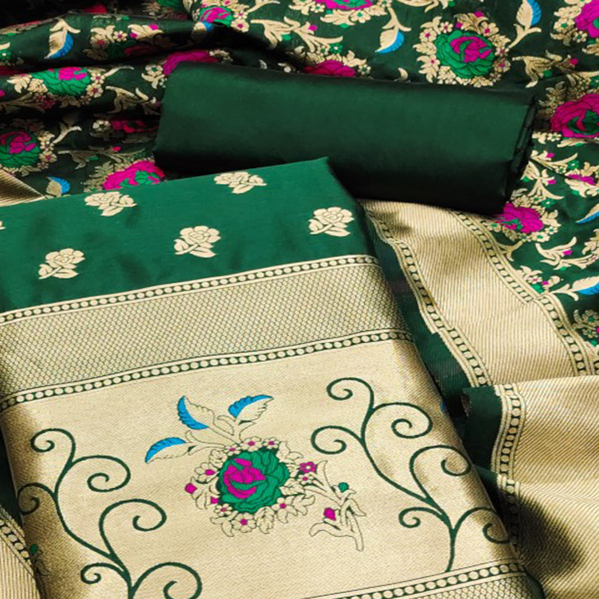 Bottle Green Floral Woven Banarasi Silk Dress Material