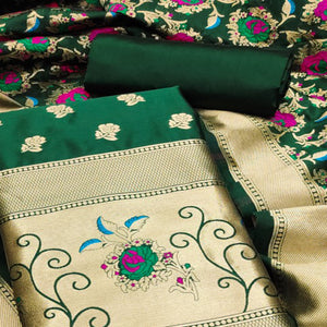 Bottle Green Floral Woven Banarasi Silk Dress Material