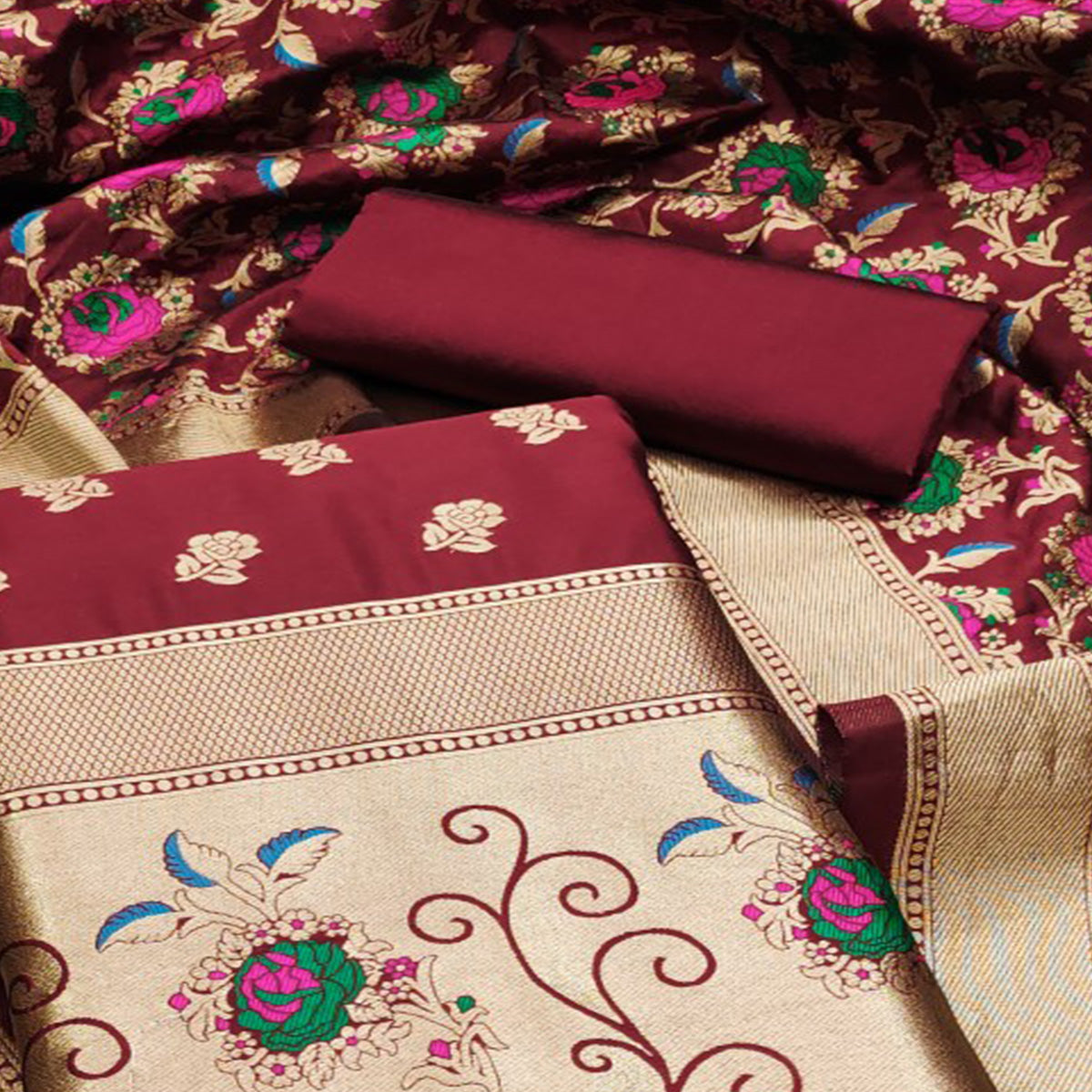 Maroon Floral Woven Banarasi Silk Dress Material