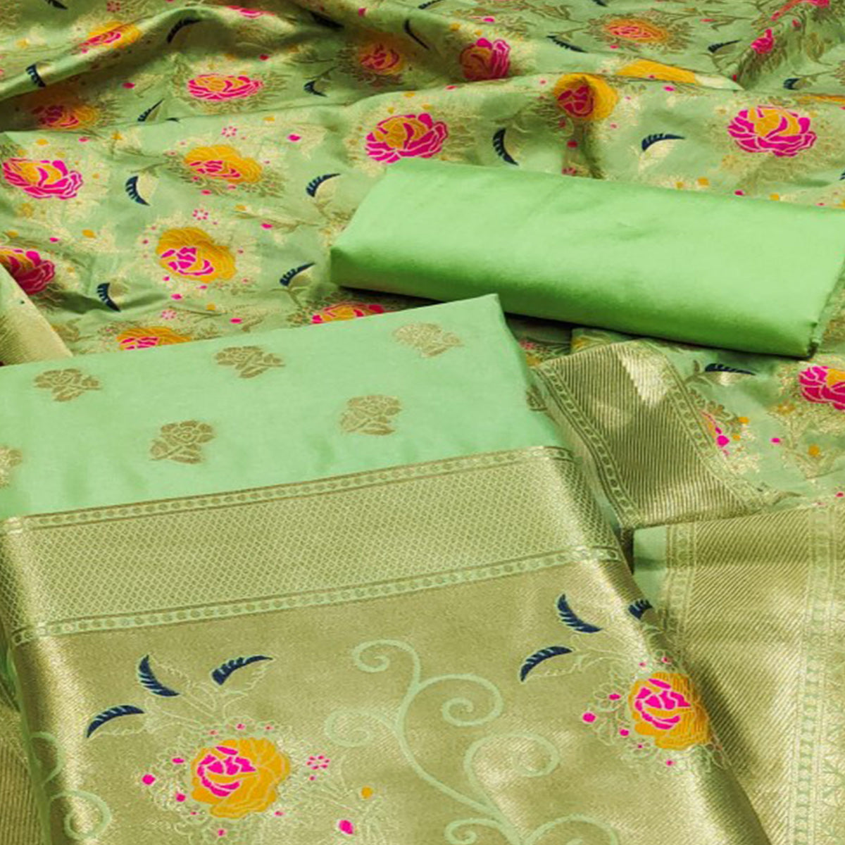 Pista Green Floral Woven Banarasi Silk Dress Material