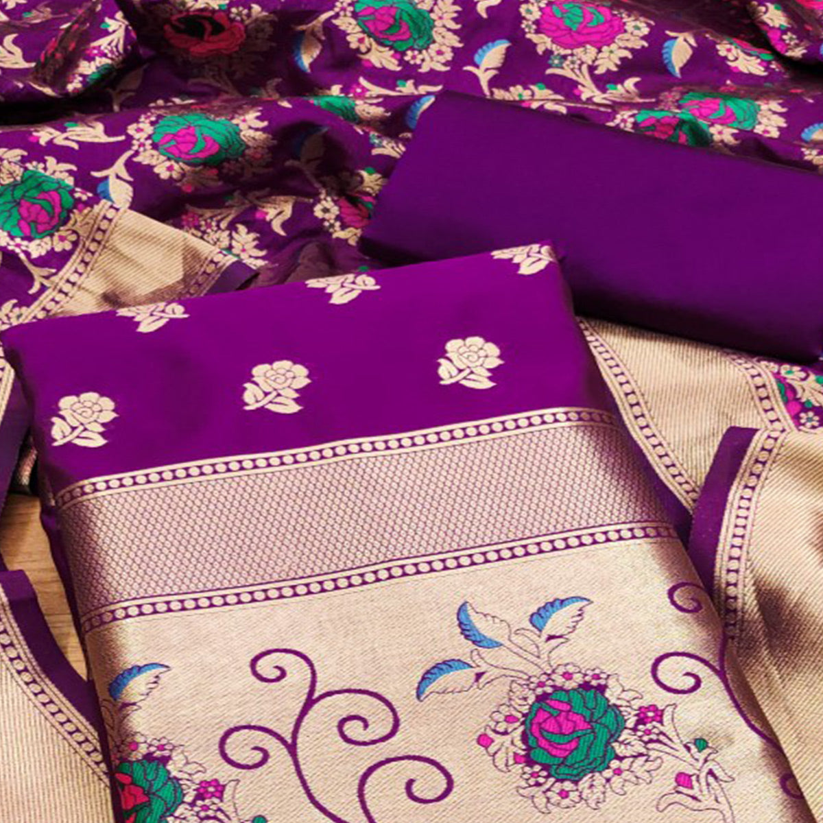 Purple Floral Woven Banarasi Silk Dress Material