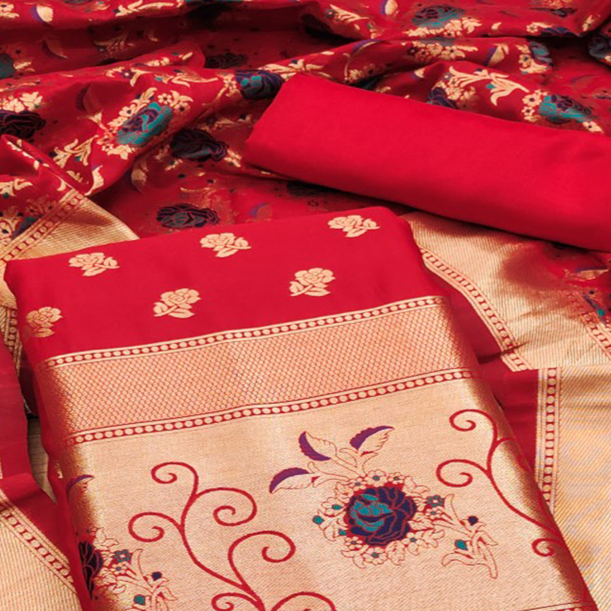 Red Floral Woven Banarasi Silk Dress Material