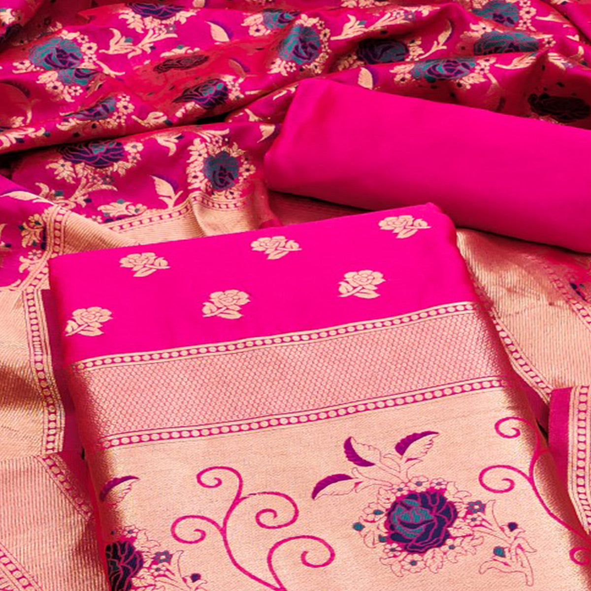 Rani Pink Floral Woven Banarasi Silk Dress Material