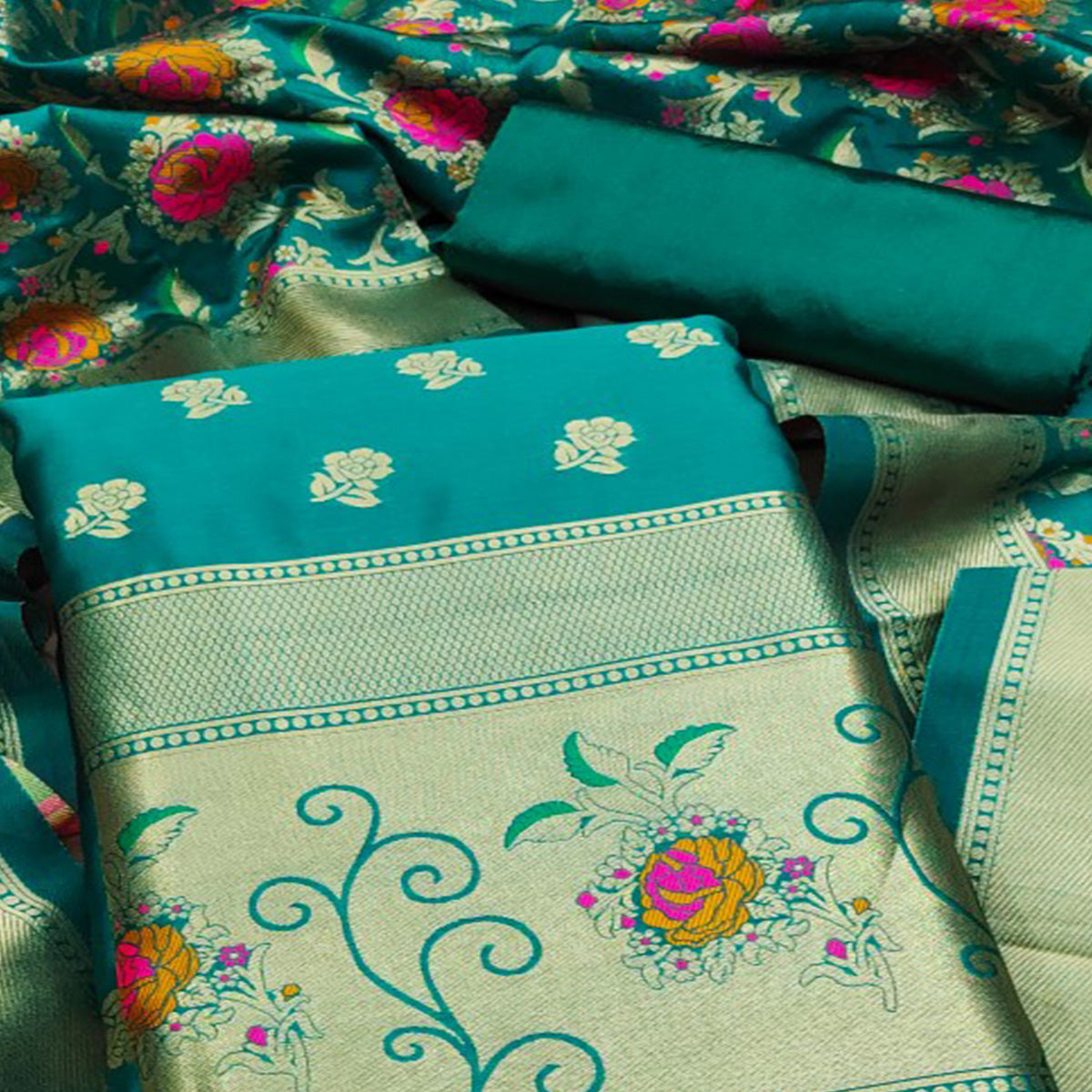 Teal Floral Woven Banarasi Silk Dress Material