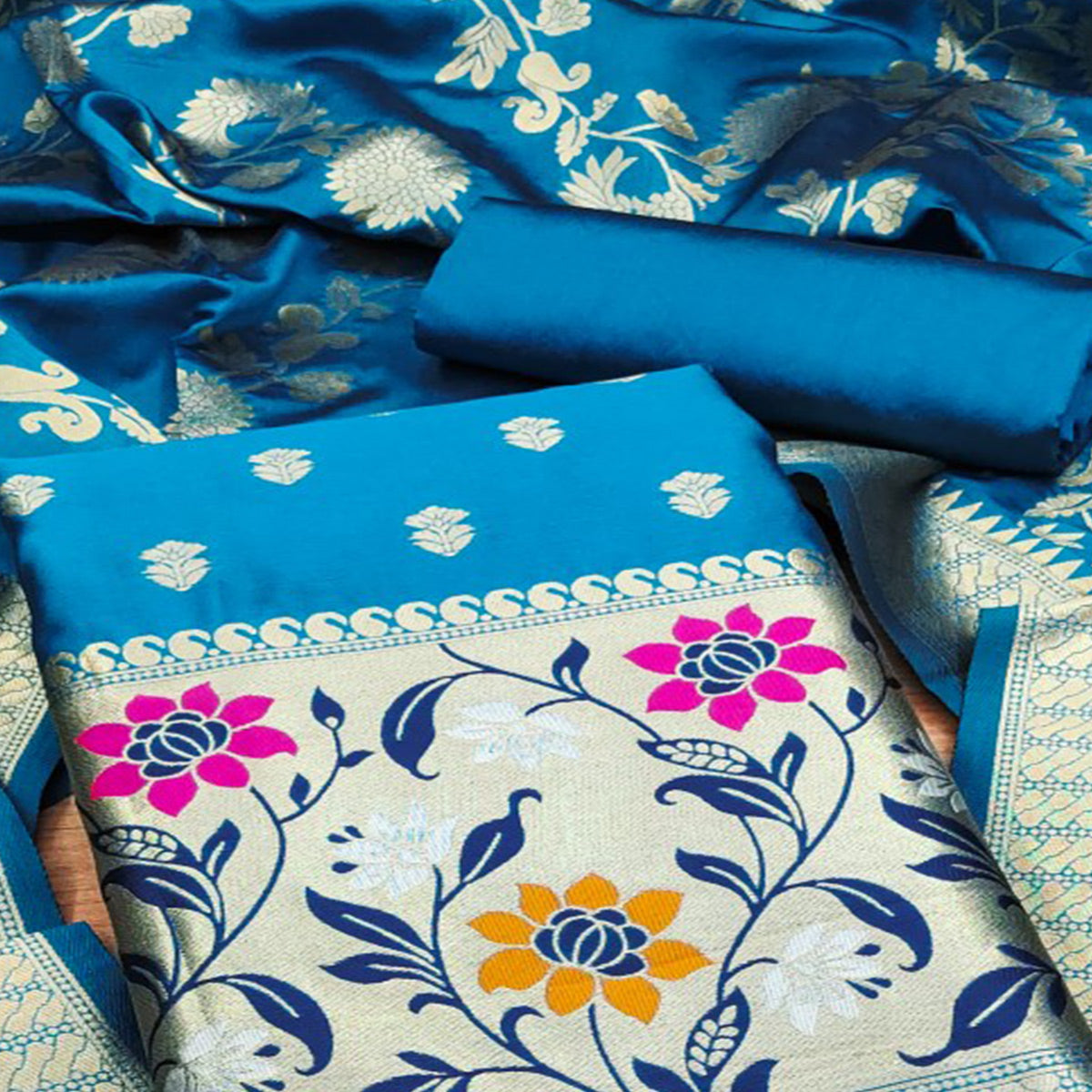 Blue Floral Woven Banarasi Silk Dress Material