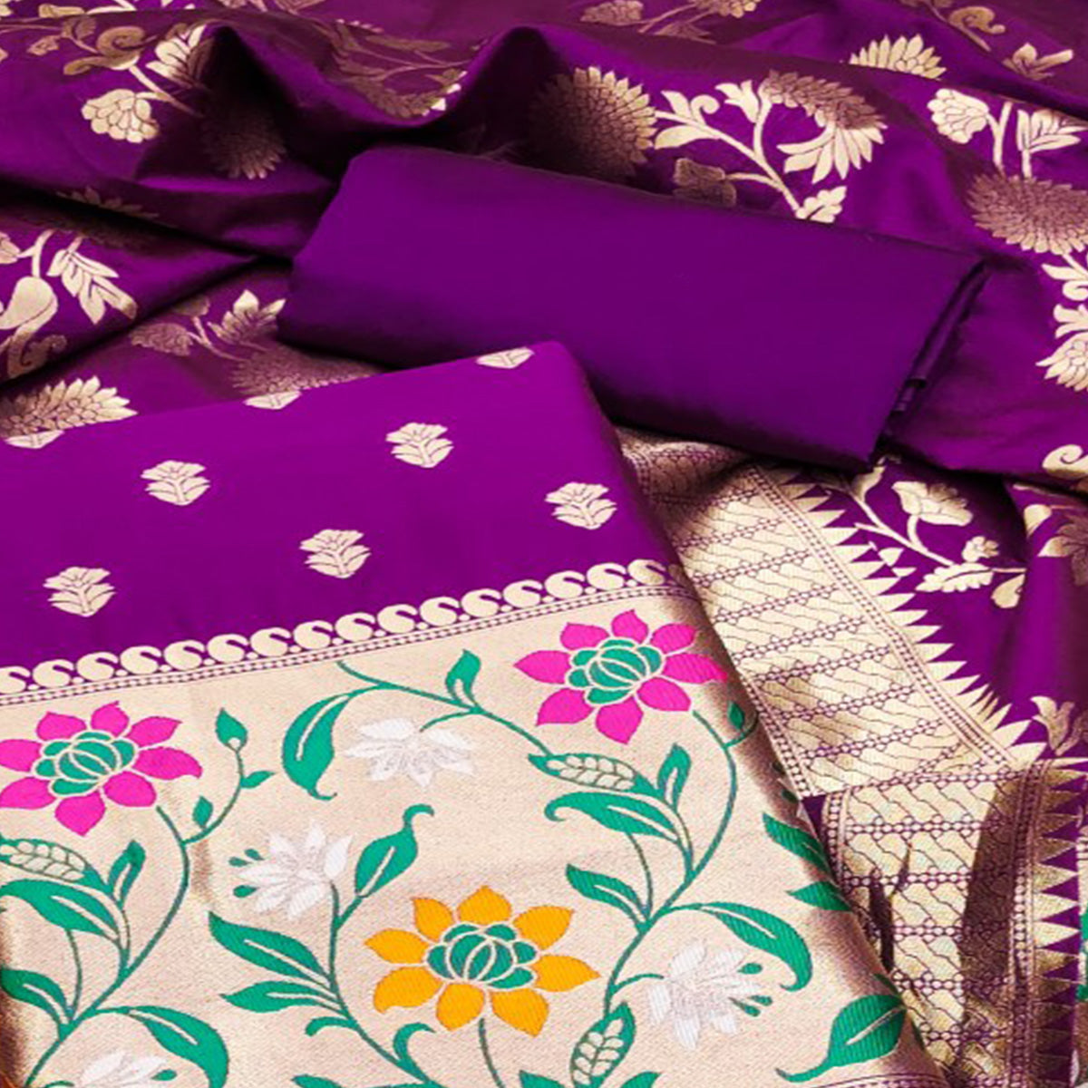 Purple Floral Woven Banarasi Silk Dress Material