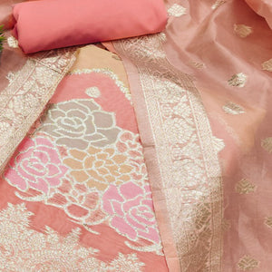 Peach Floral Woven Organza Dress Material