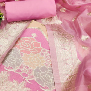 Pink Floral Woven Organza Dress Material