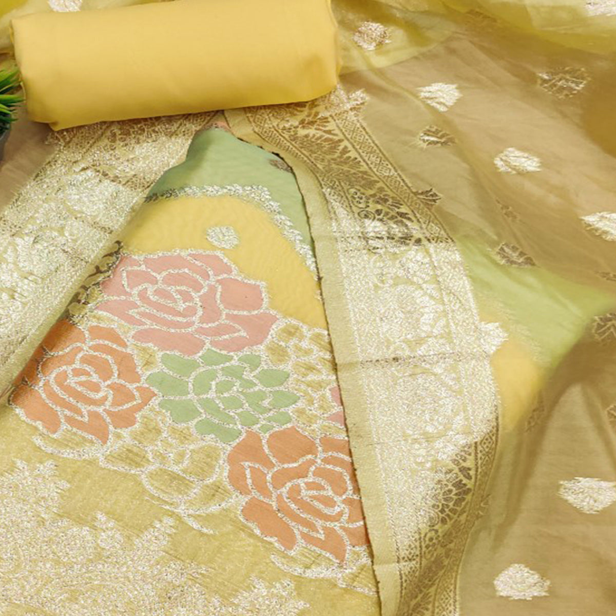 Yellow Floral Woven Organza Dress Material