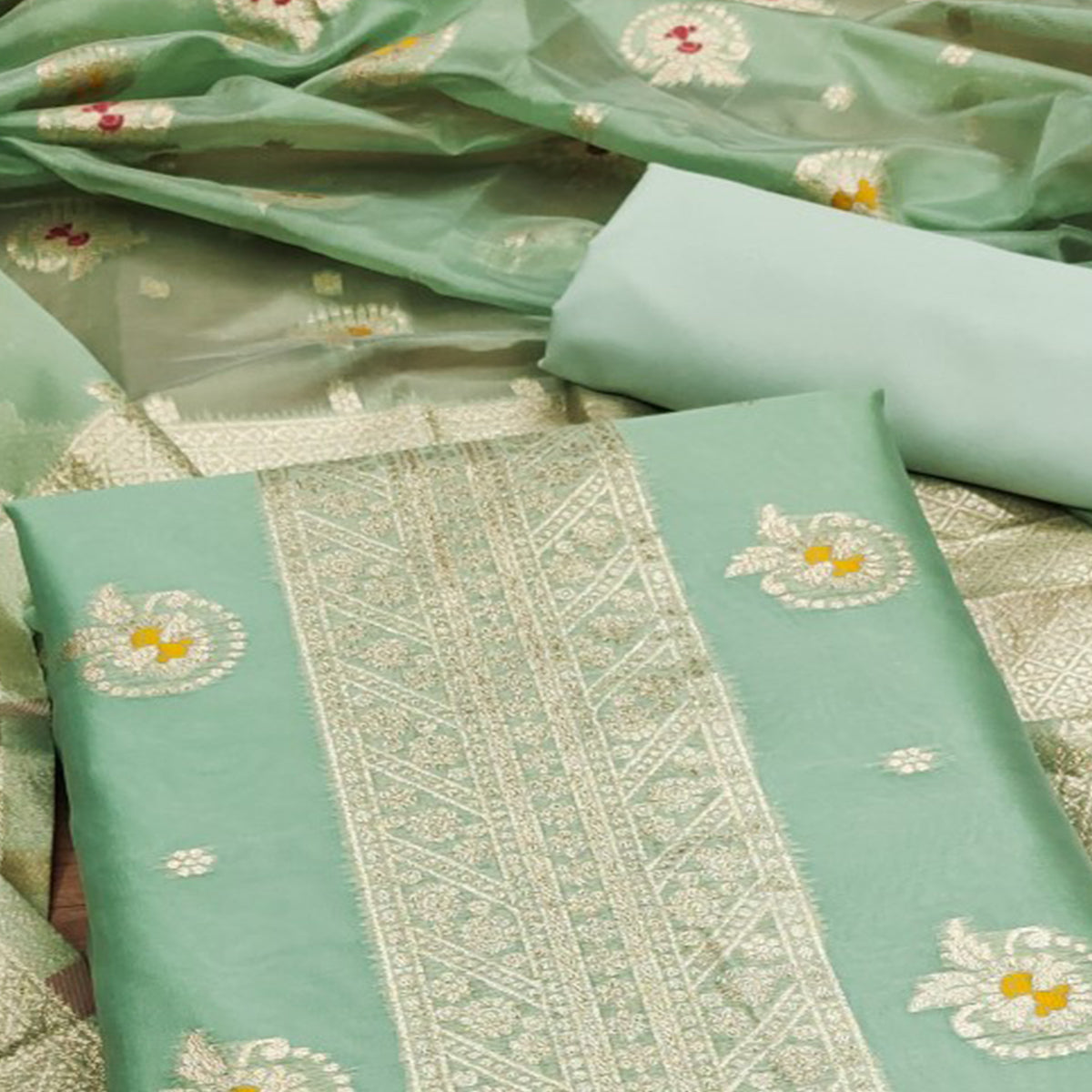 Green Floral Woven Organza Dress Material