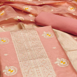 Peach Floral Woven Organza Dress Material