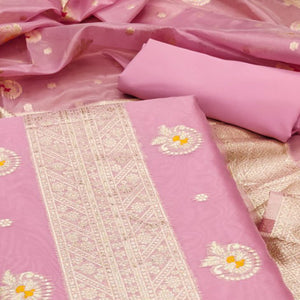 Pink Floral Woven Organza Dress Material