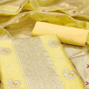 Yellow Floral Woven Organza Dress Material