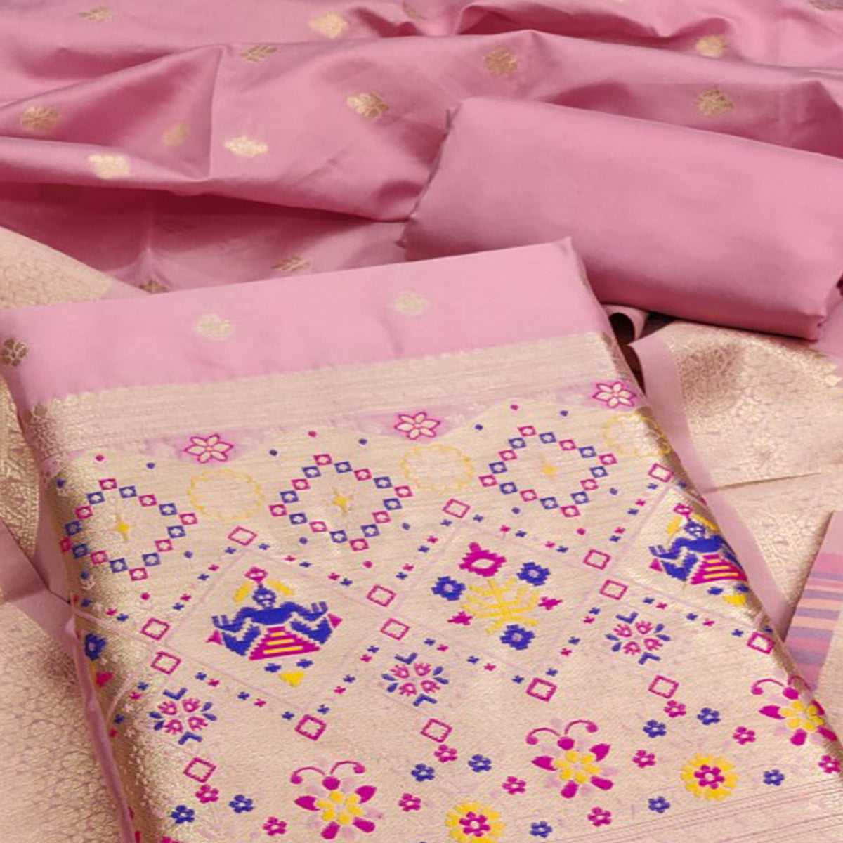 Baby Pink Zari Weaving Soft Banarasi Silk Dress Material